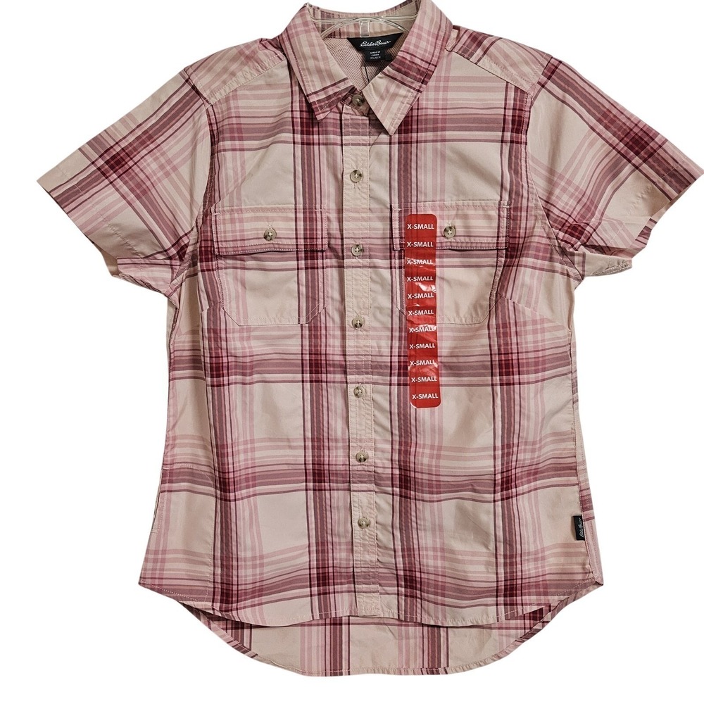 Eddie Bauer Shirt Womens XS Pink Plaid Adventure SS Moisture Wicking UPF 50 NWT